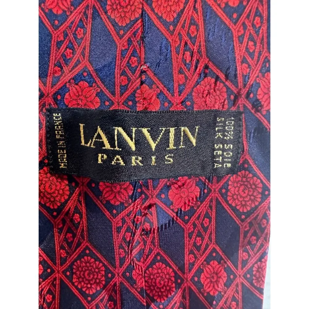 Vintage LANVIN‎ Silk Tie Floral Red Blue Made In France 56